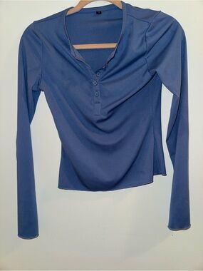 Ribbed Long-Sleeve Henley Top in Blue